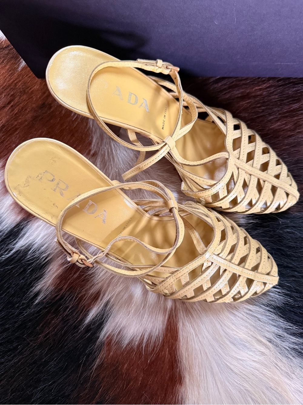 Prada Yellow Leather Woven Slingback Heels - Picture 5 of 9